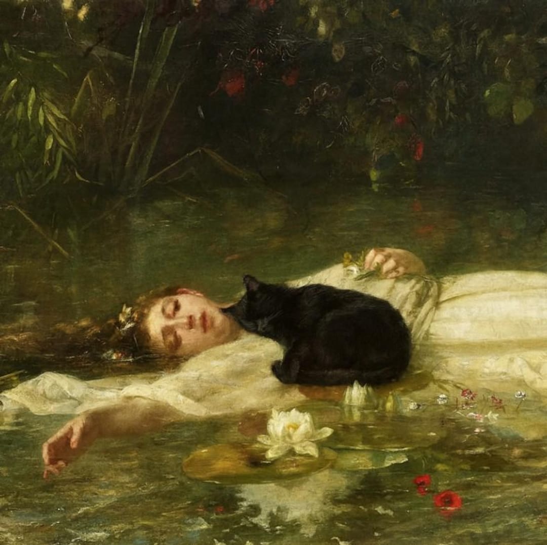 1080x1075 Ophelia & Black Cat Art Print: Gothic Pre Raphaelite Painting (digital Download)