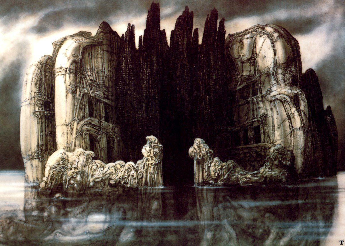1200x856 deathbyhibachi. H.R. Giger reimagined Isle of the Dead by Arnold Böcklin, in several magnificent biomechanical landscapes during the 70s