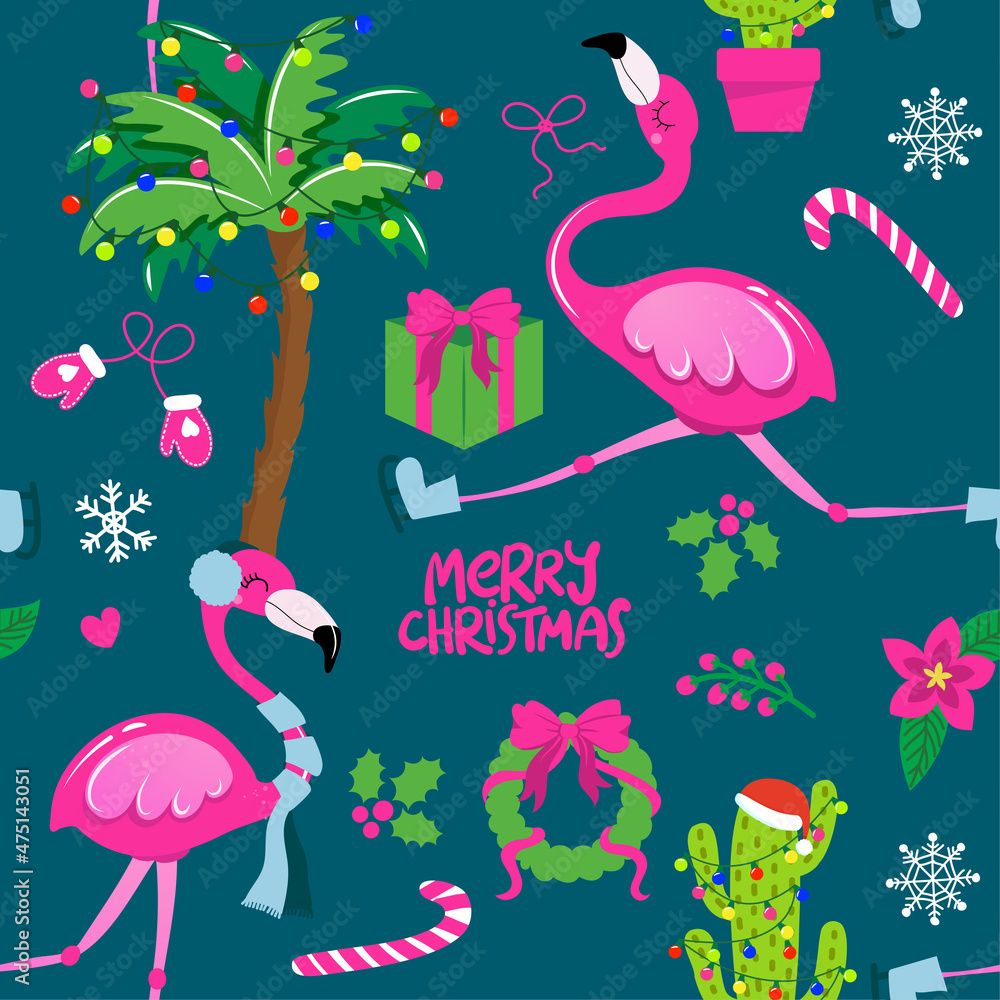1000x1000 Cute christmas In July pattern flamingo, cactus, palm tree illustration. Hand drawn doodle set for kids. Good for textiles, nursery, wallpaper, clothes. Merry Christmas gift wrapping paper Stock Vector