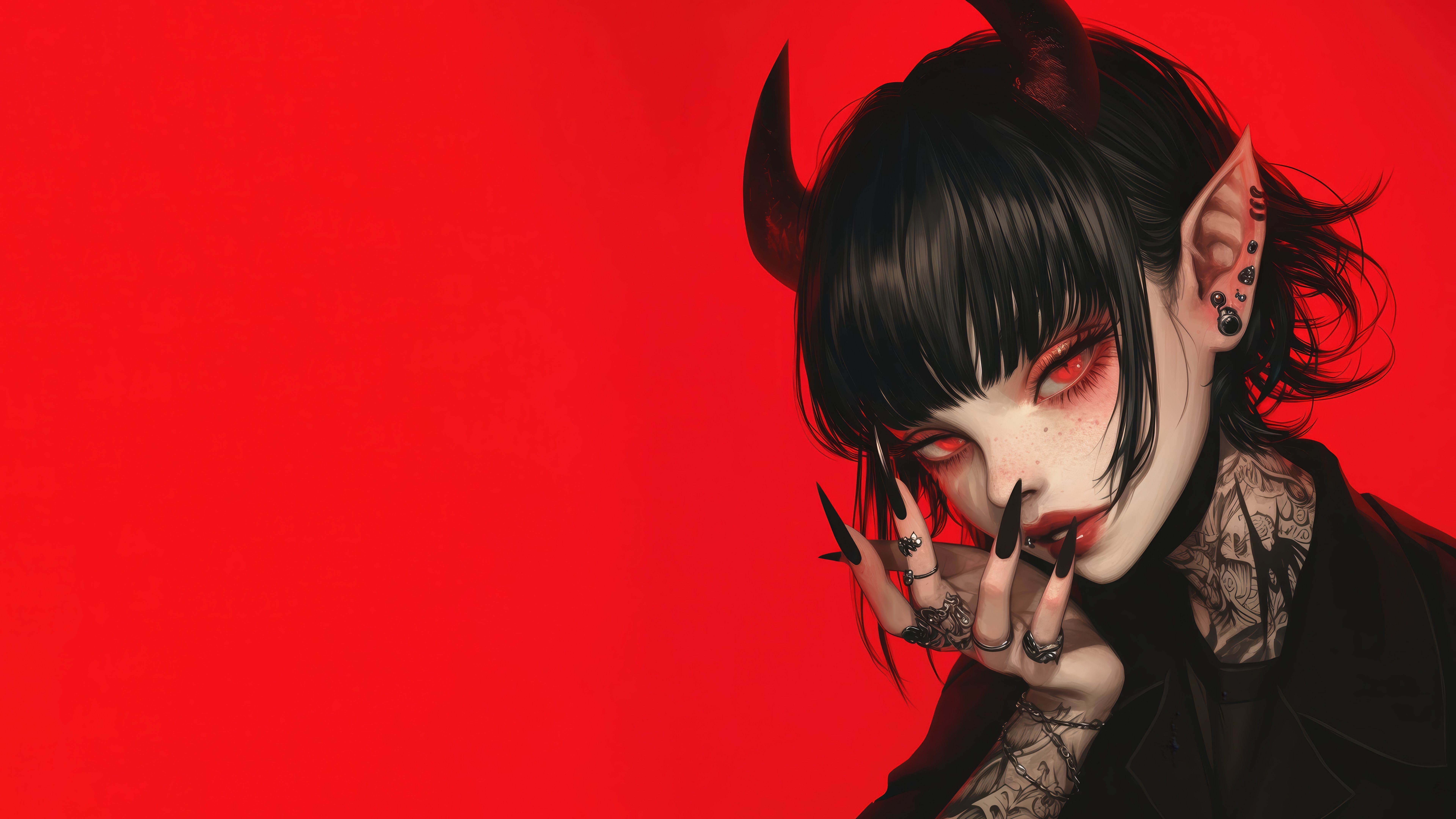7680x4320 Wallpaper demon, girl, devil, anime, red eyes, tattoo, women, red background for mobile and desktop, section ии арт, resolution 7680x4320