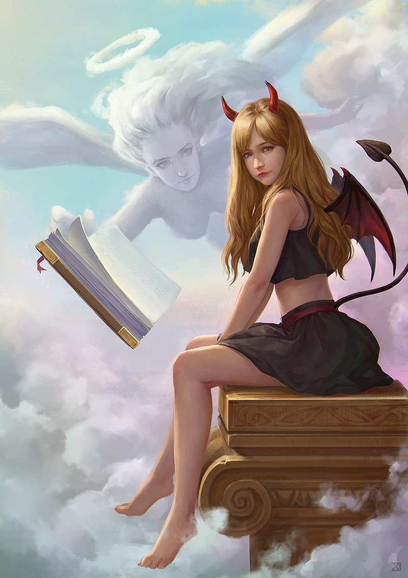 800x1132 Demon, fanelia art, red, woman, succubus, fantasy, girl, face, eyes, HD wallpaper
