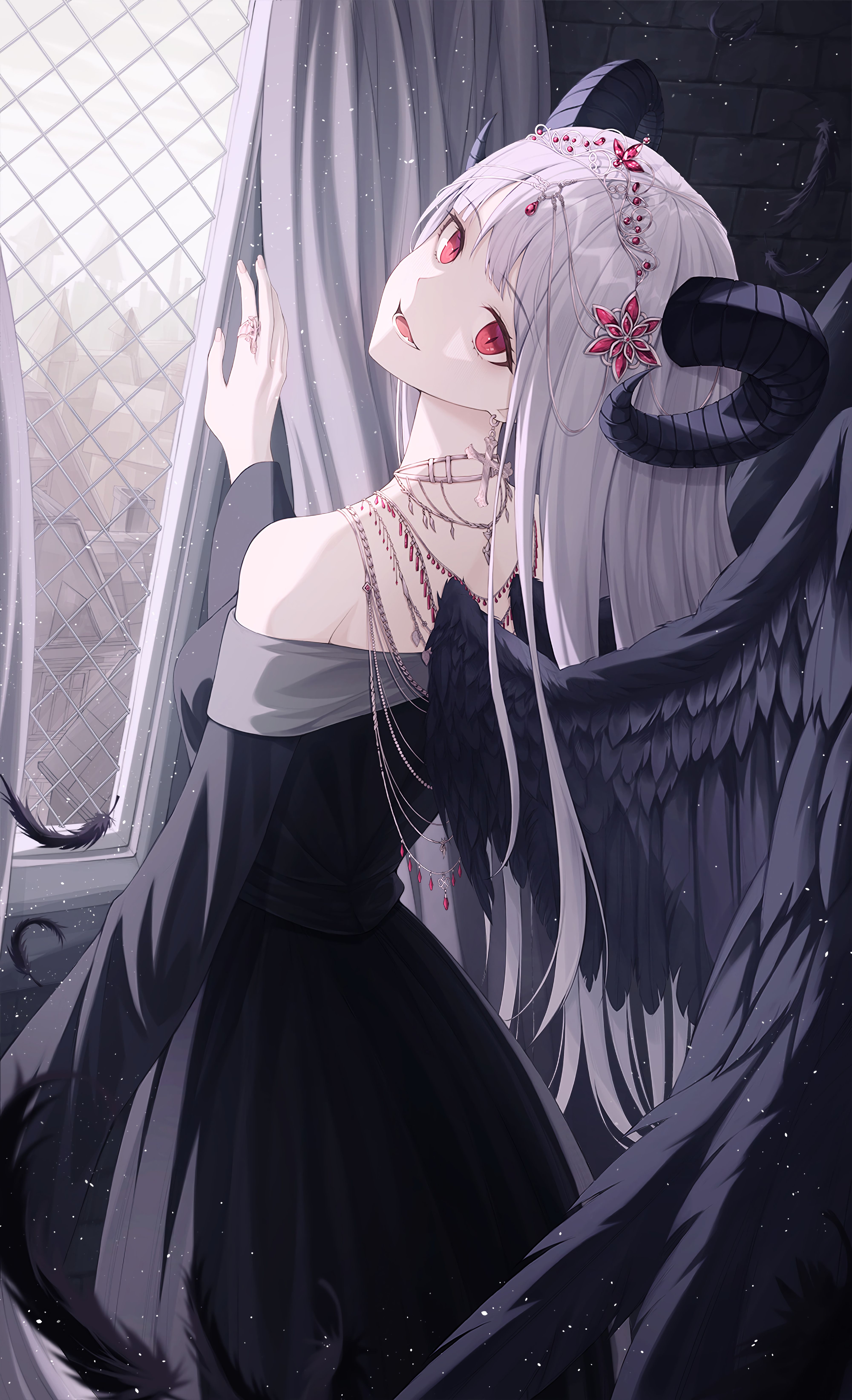 4000x6572 Download wallpaper 4000x6572 demon, girl, horns, wings, anime HD background