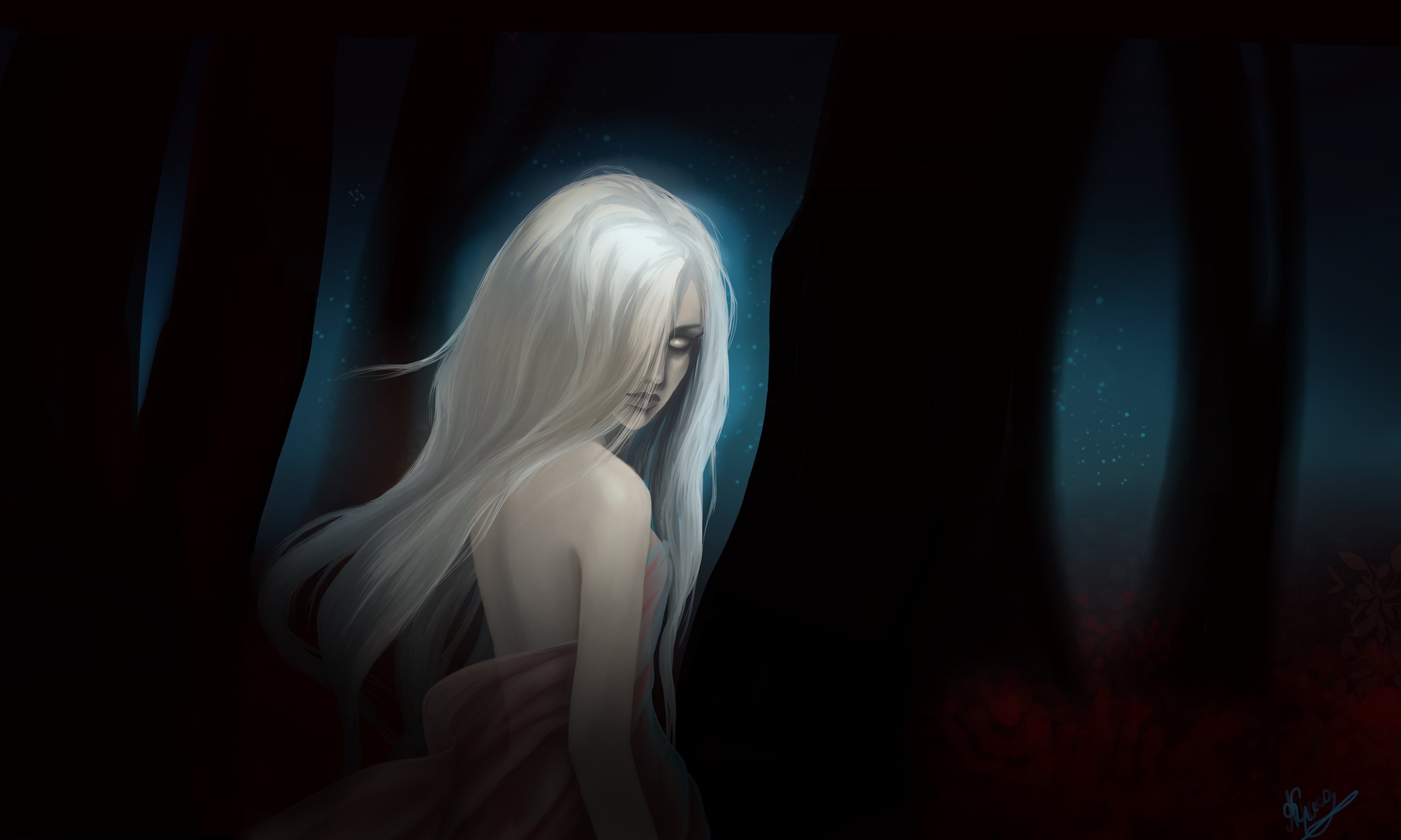 4862x2916 Wallpaper forest, look, leaves, girl, night, fiction, hair, the demon for mobile and desktop, section фантастика, resolution 4862x2916