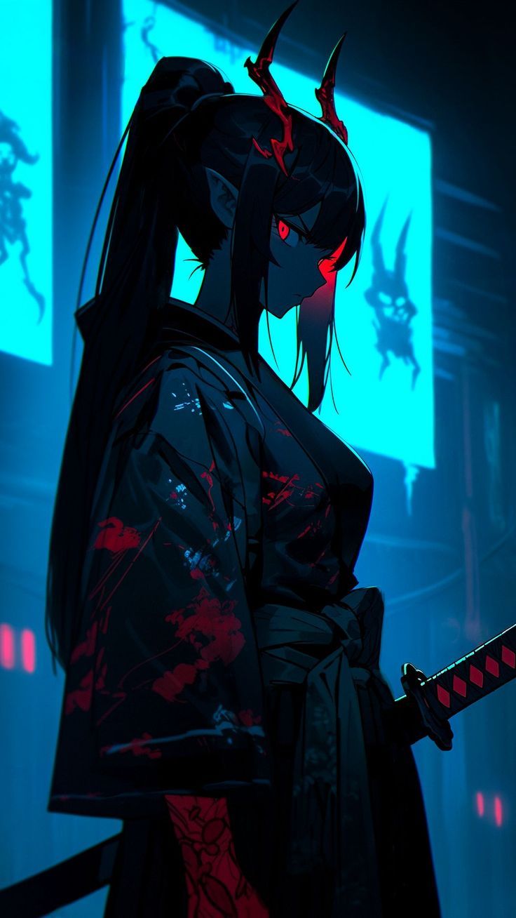 736x1308 Wallpaper girl, demon, horns, kimono, dark, art, Black 4K by LeIsT0. Download wallpaper girl, demon, horns, kimono, dark, art for free