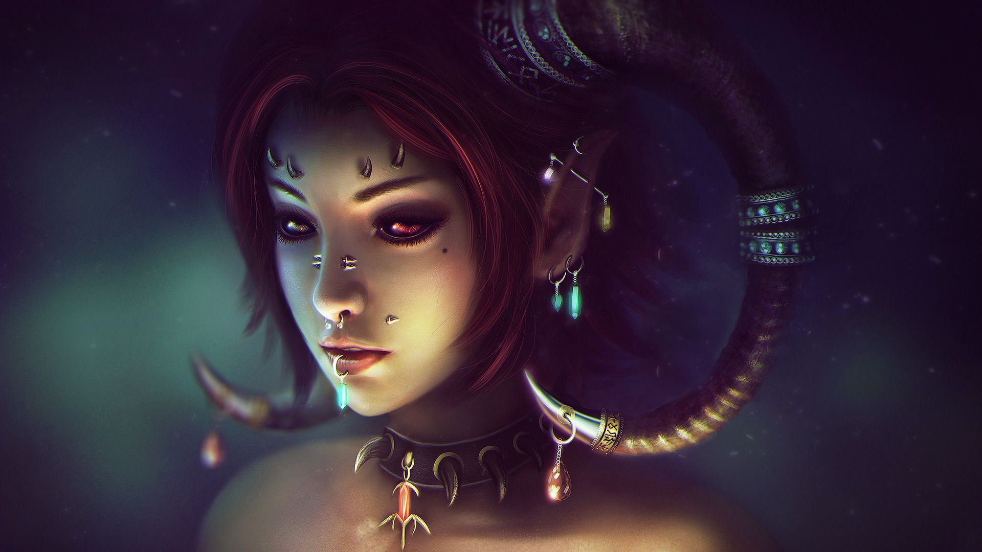 1920x1080 Eddy Shinjuku, Anime, Anime Girls, Demon, Horns, Piercing, Redhead, Fantasy Art, Jewelry Wallpaper HD / Desktop and Mobile Background