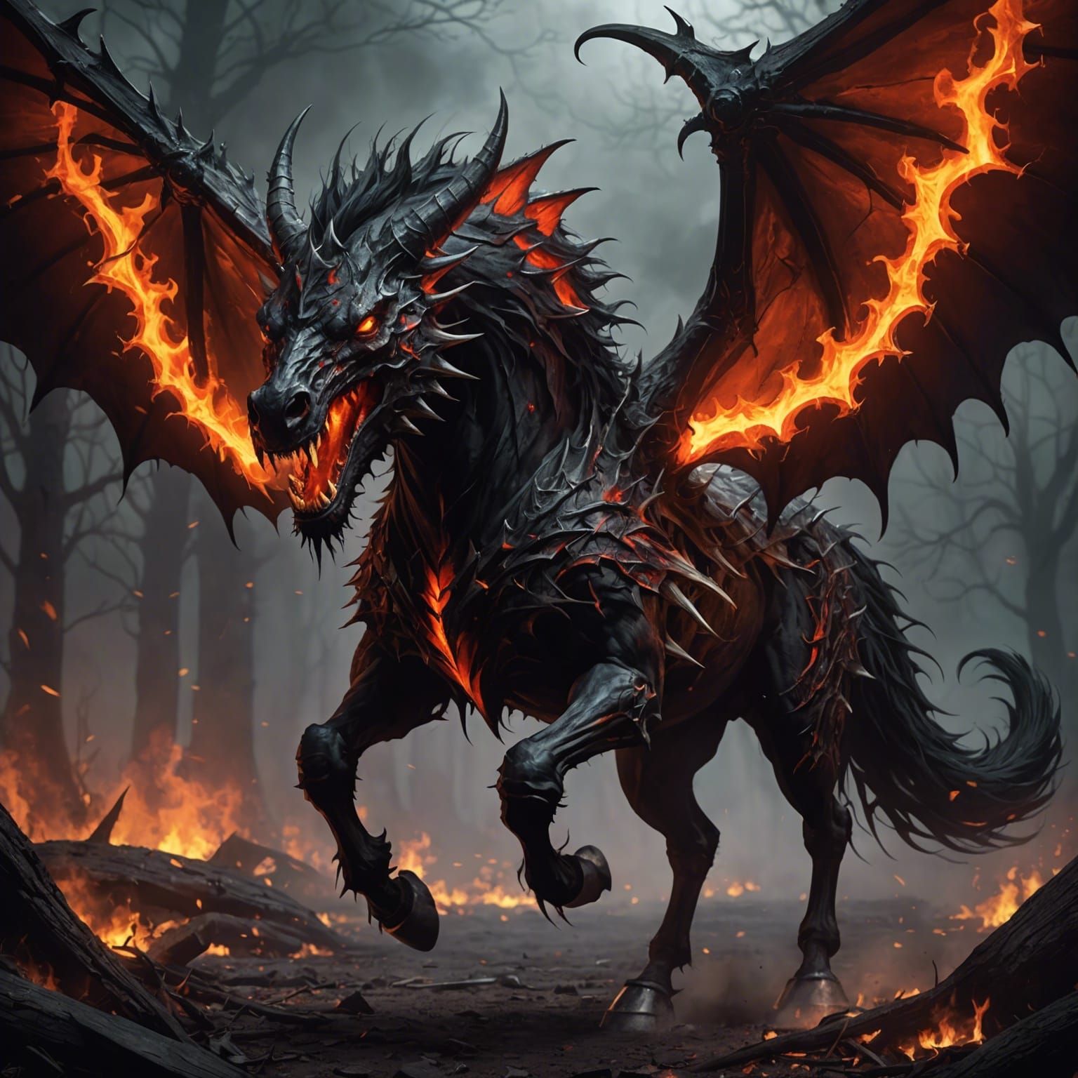 1536x1536 A Nightmare horse, equipped with fangs, eyes ablaze with glowing red flames, bat wings, and a coat, mane, and tail adorned with thorns and s
