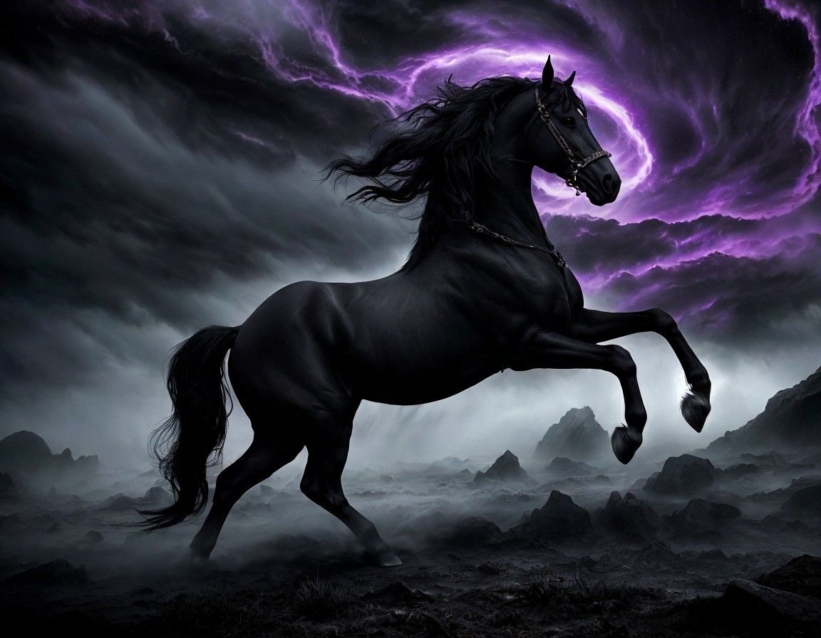 1152x896 Black Horse Rearing Against Stormy Sky with Lightning. Deep Dream Generator