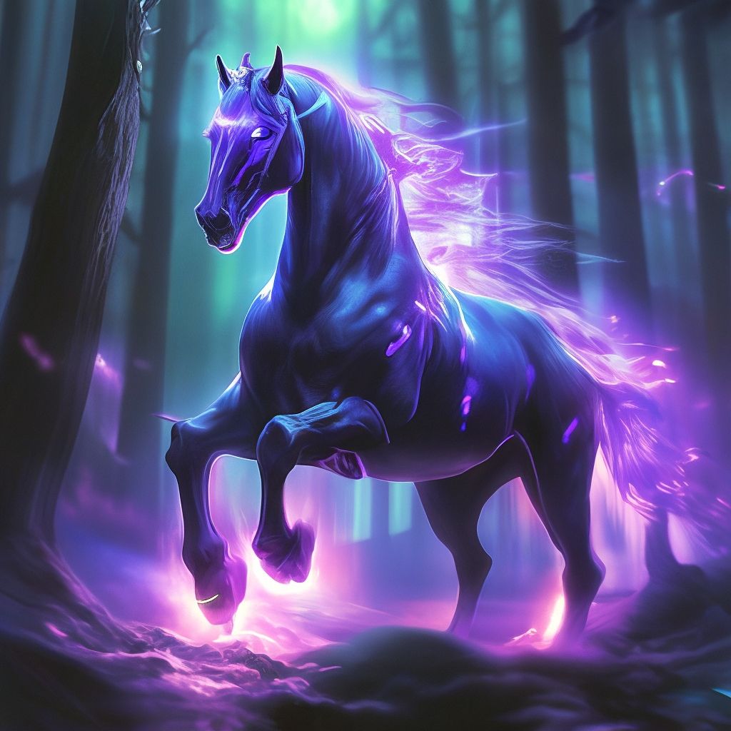 1024x1024 The Horse Is A Nightmare, Purple Neon Aura On The Hooves, Fairy Aura Neon