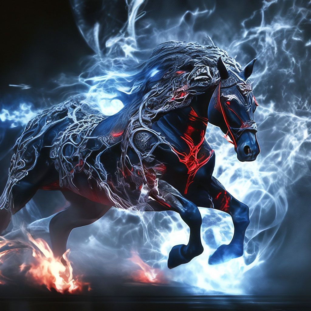 1024x1024 Megarealism, Blue White Red threads, Artwork, Demonic Horse Nightmare, Free