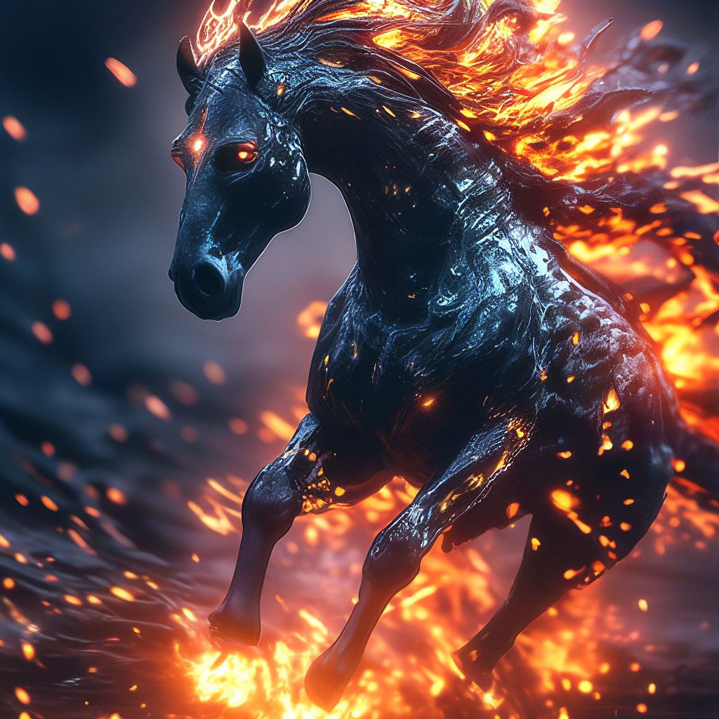 1024x1024 Dark botanical, Nightmare, a black horse with flaming eyes, tail and mane