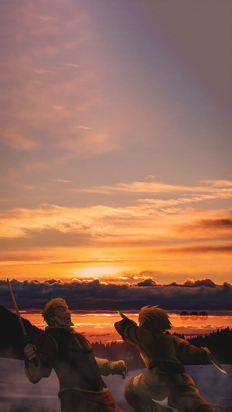 800x1422 Throfinn vs Askeladd, anime, askeladd, iceland, sunset, thorfinn, thorkell, thors, HD phone wallpaper