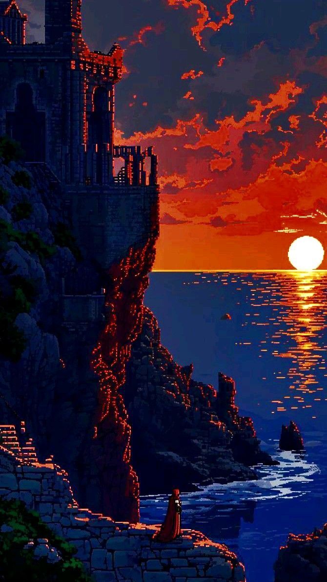 670x1191 Castle on Cliff by the Sea. Pixel art landscape, Pixel art background, 8bit art