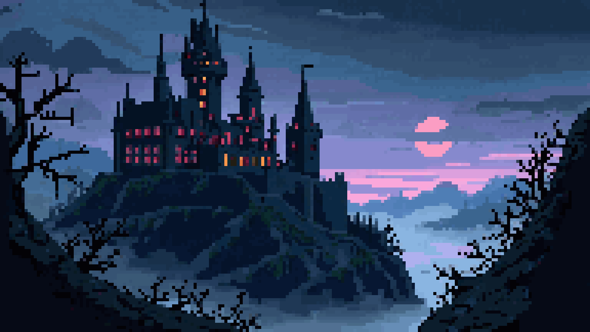 1920x1080 Dark Gothic Castle + Entrance Castle Sprite. Pixel Art Side Scroller Background