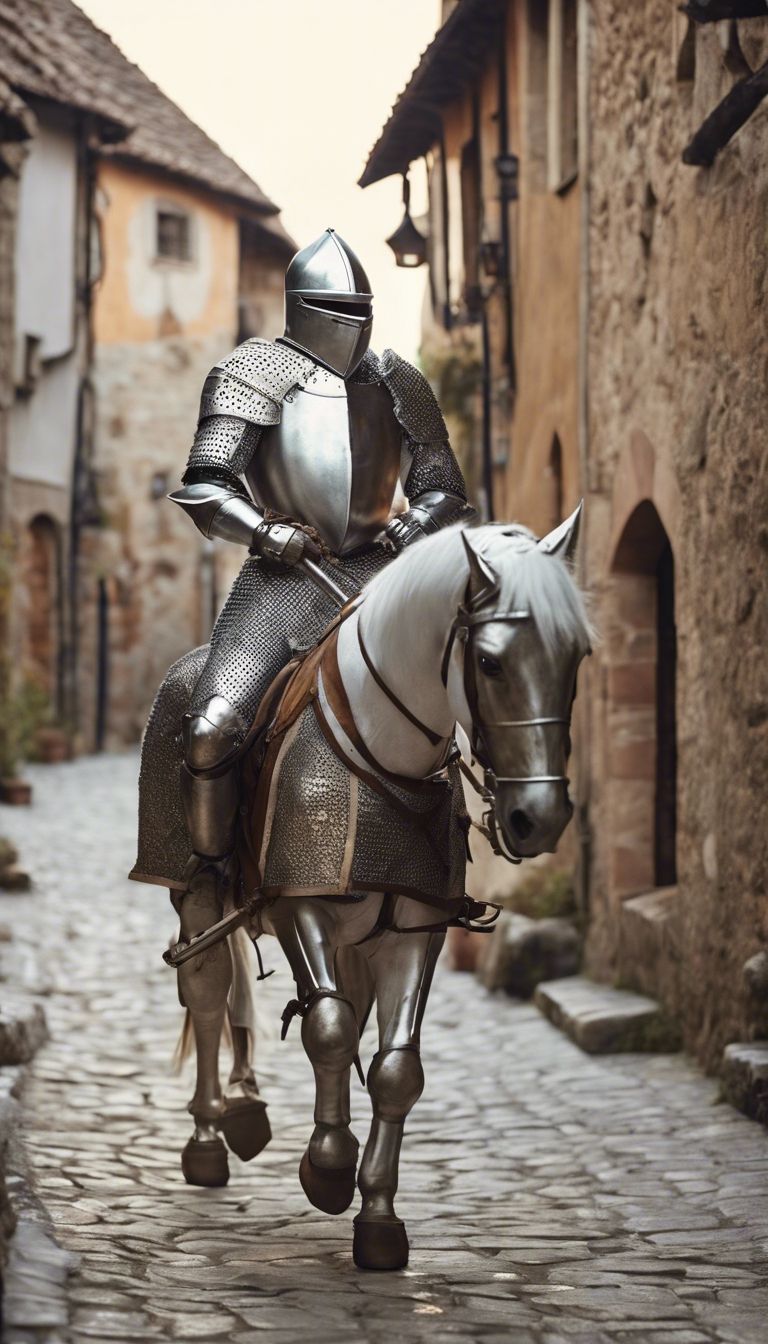 768x1344 A knight in shining silver armor riding through a medieval village. Wallpaper [d304539d74134298a02a]