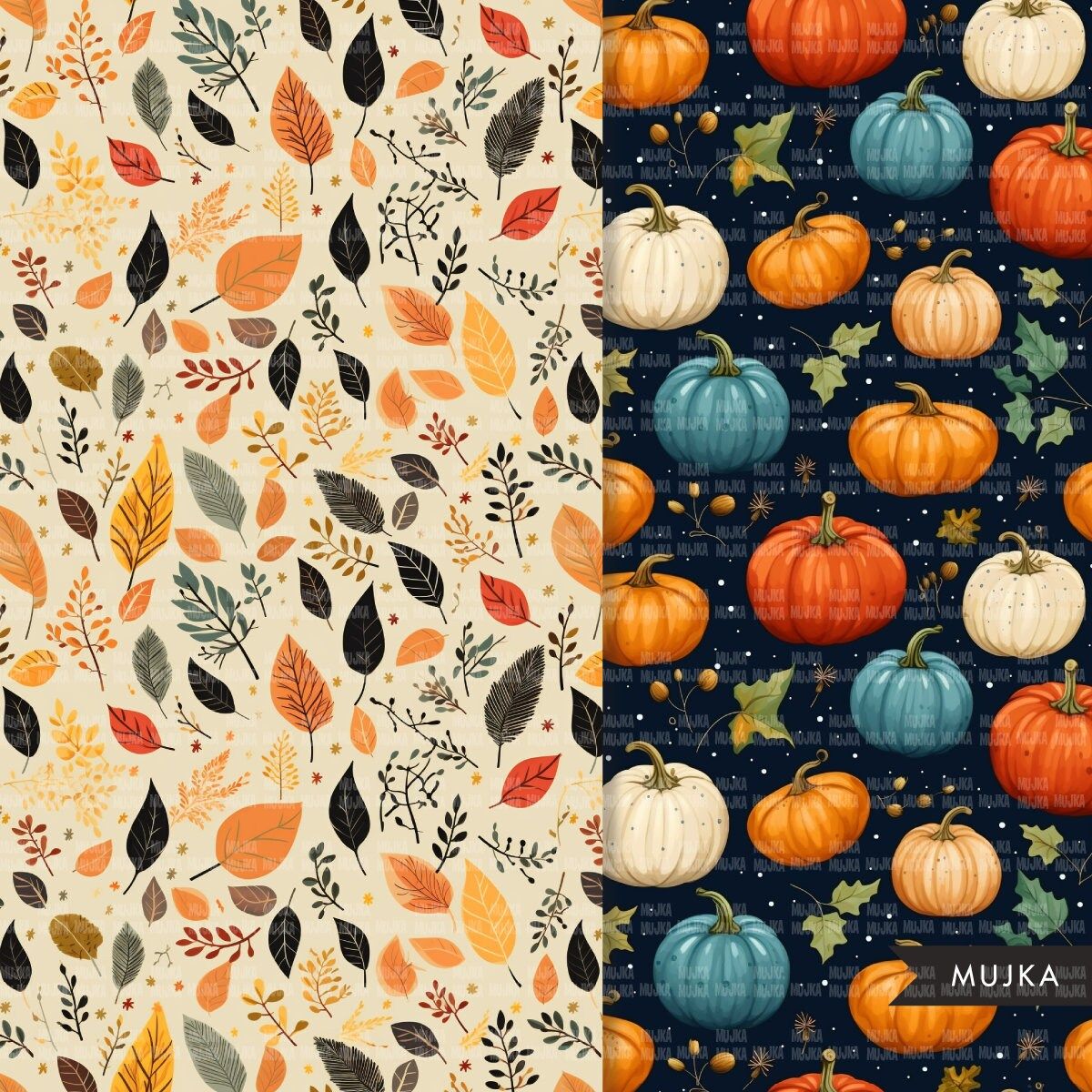 1200x1200 Fall Digital papers, pumpkin seamless patterns, autumn leaves printable pattern, digital background, fall pumpkins png, fall background