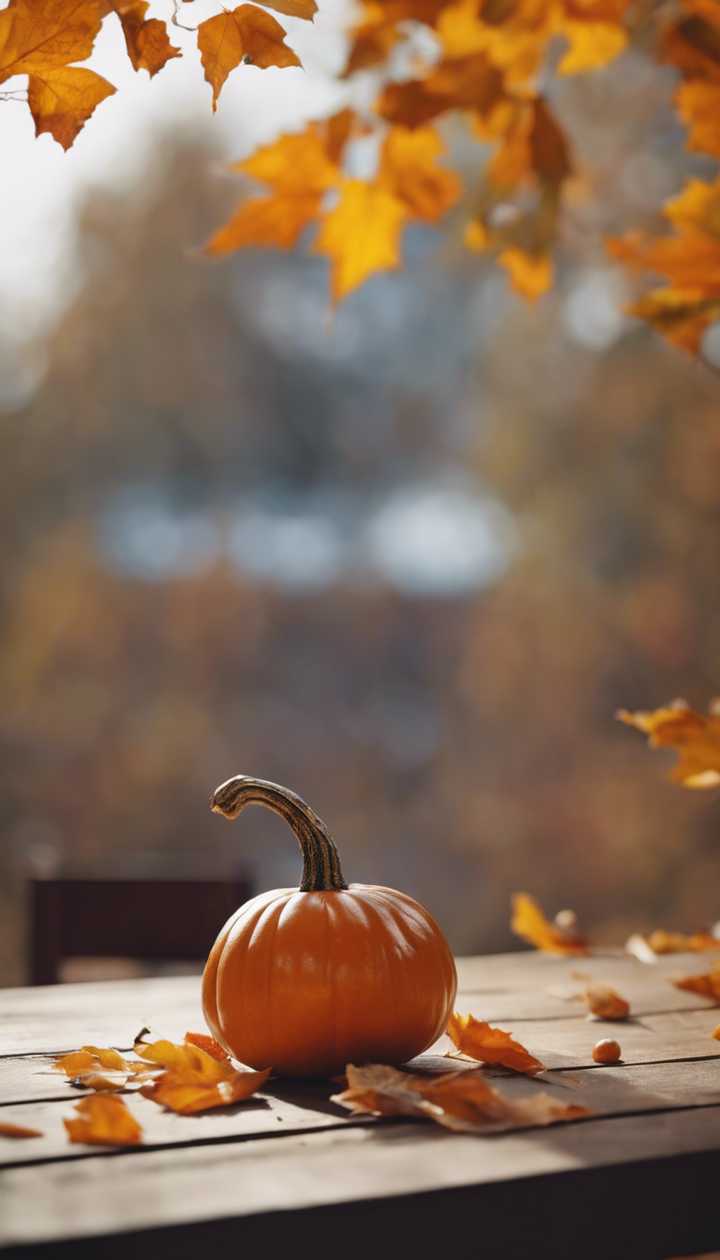 720x1260 A tiny pumpkin sitting on a wooden table surrounded by fall leaves. Wallpaper [f398ef2b761943D38968]