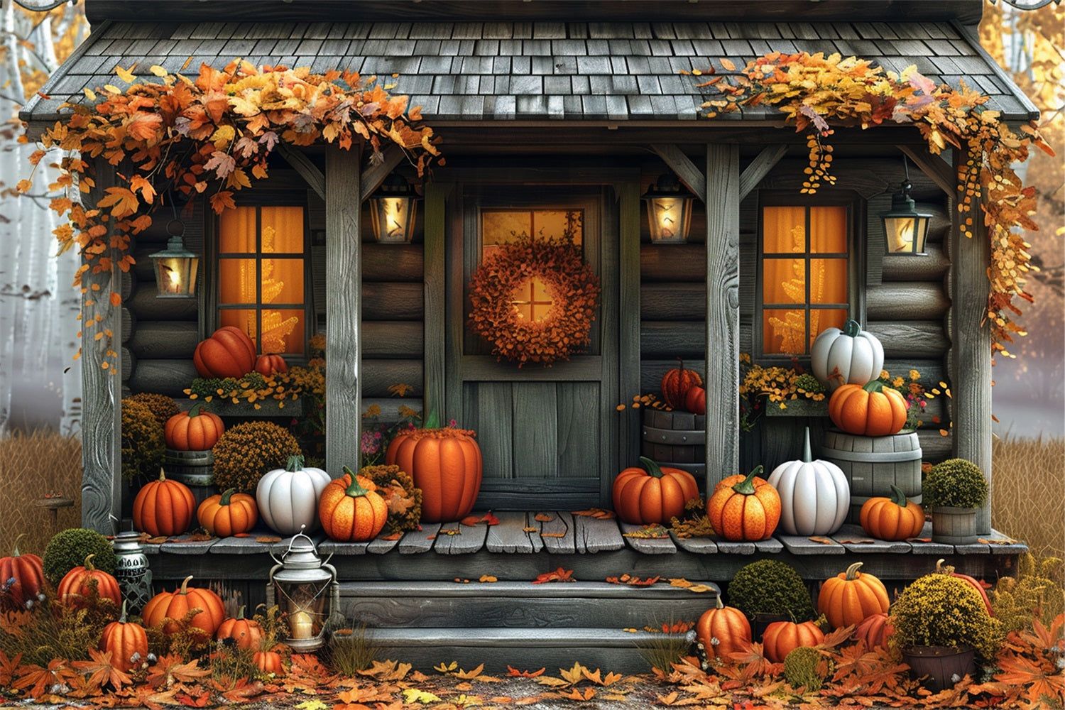 1500x1000 Fall Cabin Pumpkins Autumn Leaves Backdrop BRP9 174
