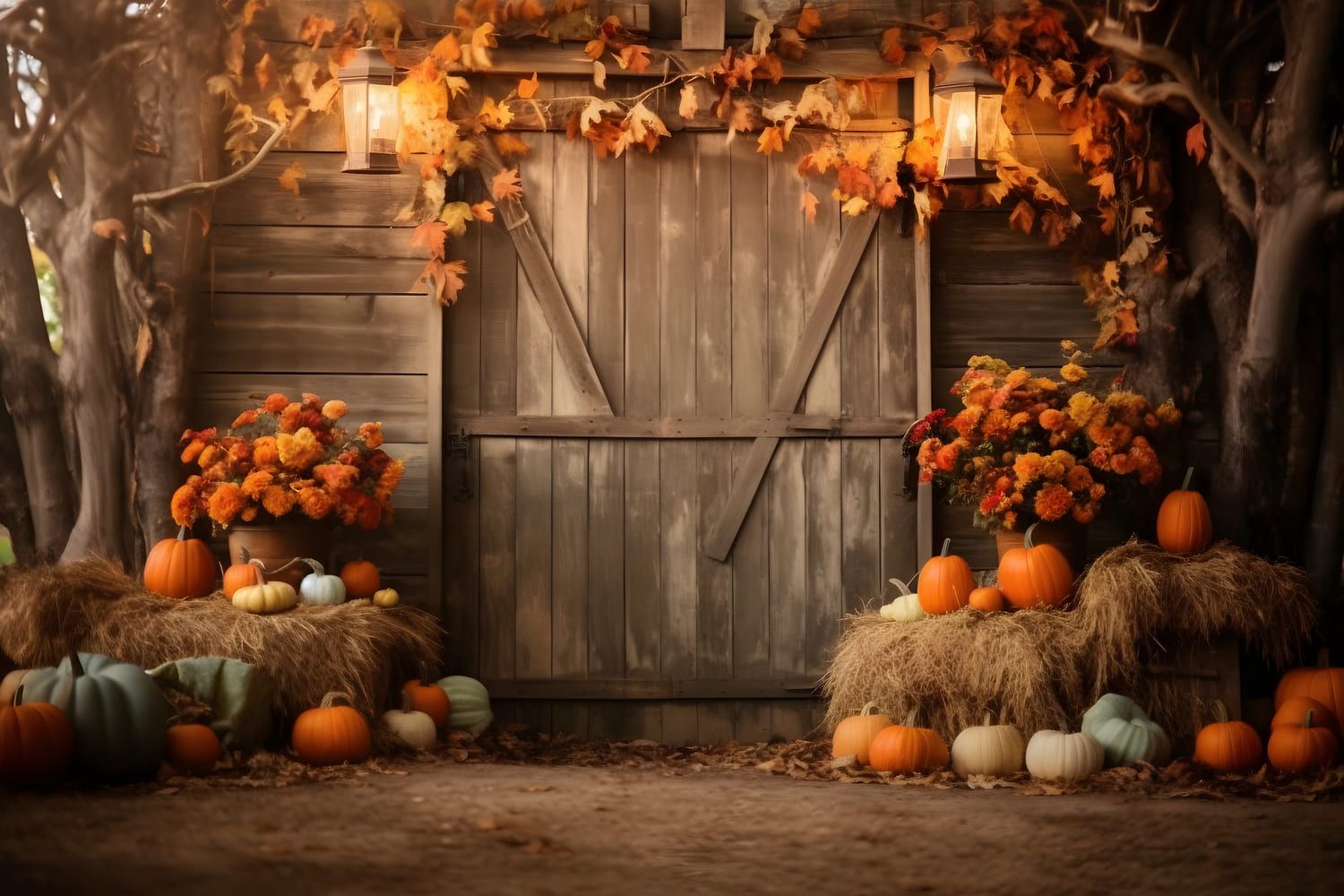 1500x1000 Fall Harvest Barn Pumpkins Leaves Backdrop RR7 126