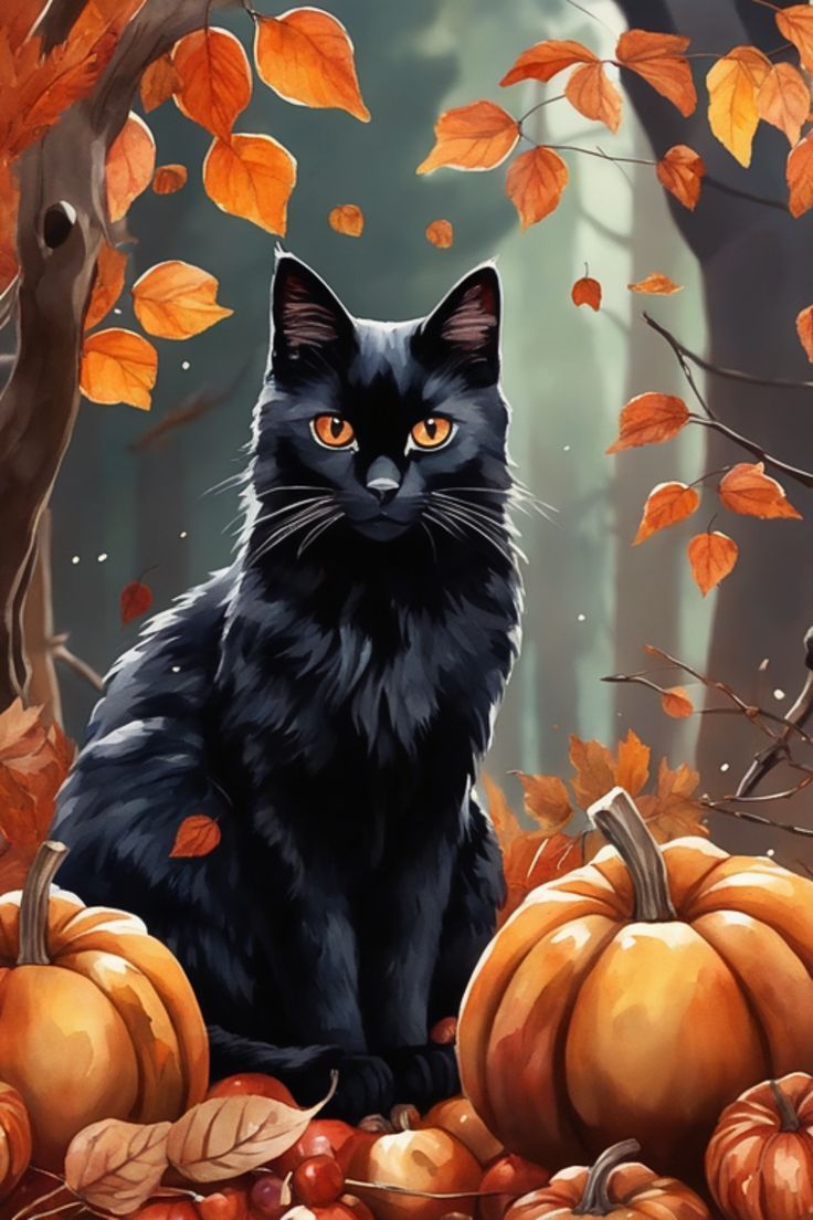 736x1104 black cat and pumpkins