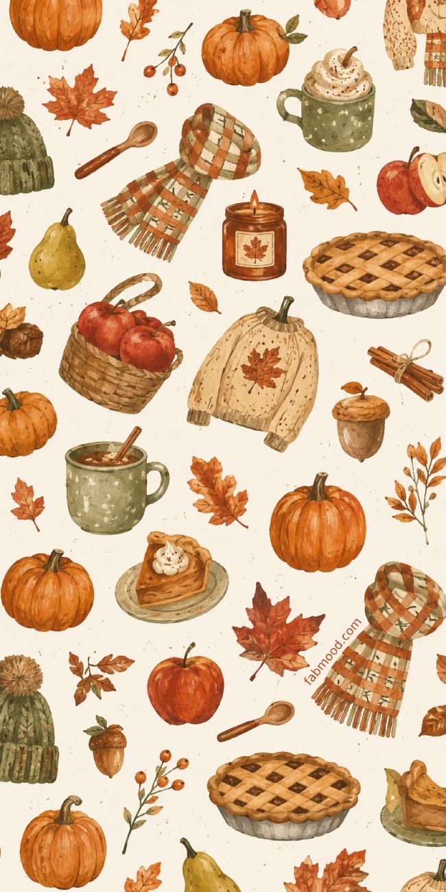 650x1300 Cozy Autumn Pattern Background : Fall Pumpkins, Apples, Sweaters & Seasonal Wallpaper Design