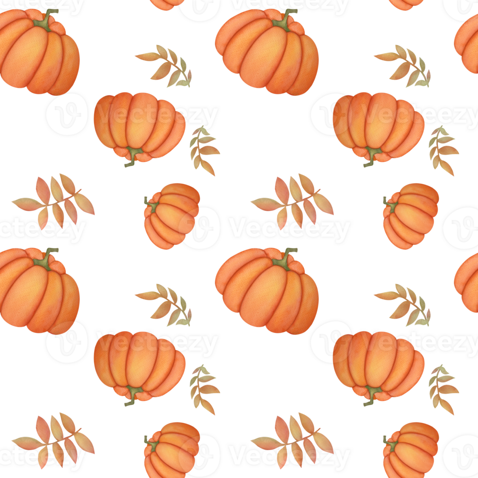 980x980 autumn harvest seamless pattern on transparent background. hand drawn Watercolor pumpkins and fall leaves. Thanksgiving and Halloween background. packaging paper design, fabric print, scrapbooking 28720053 PNG