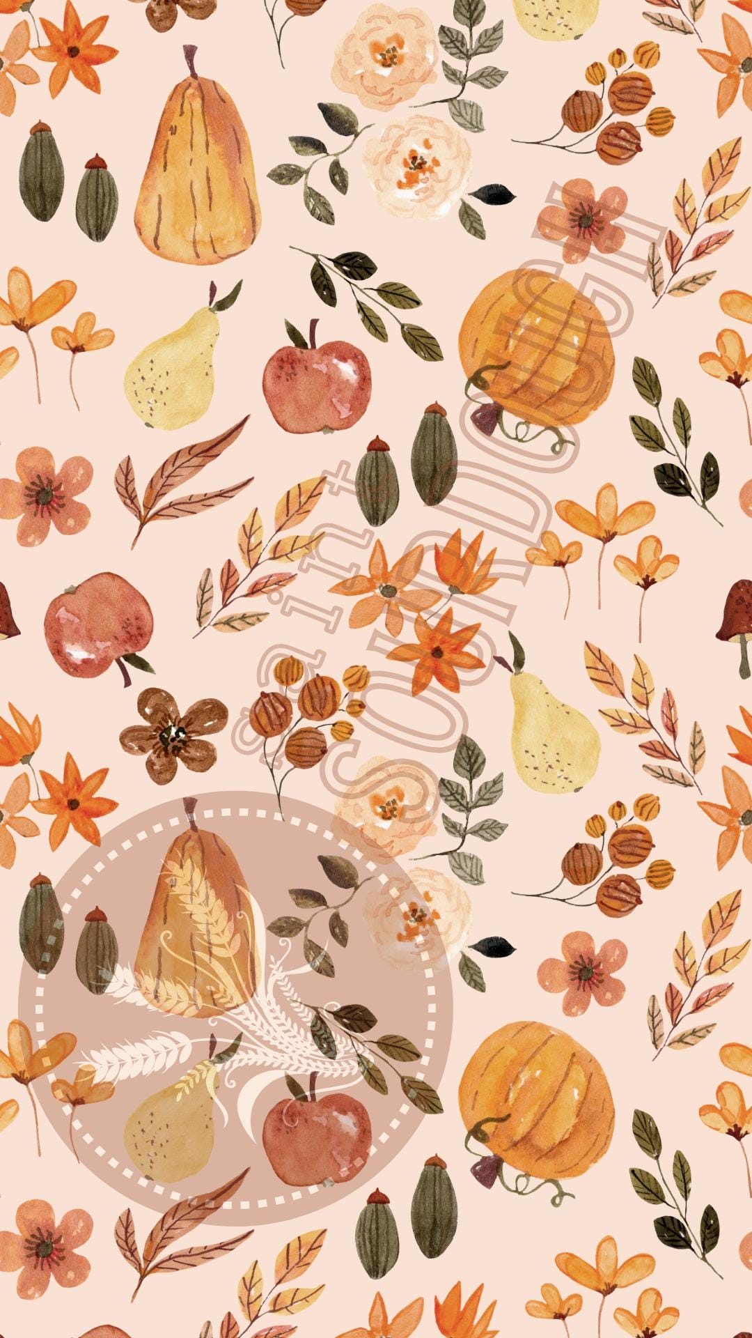 1080x1920 Autumn Phone Wallpaper Pink Cute Floral Digital Download Pastel Feminine Demure Cutesy Pumpkins Fall Leaves