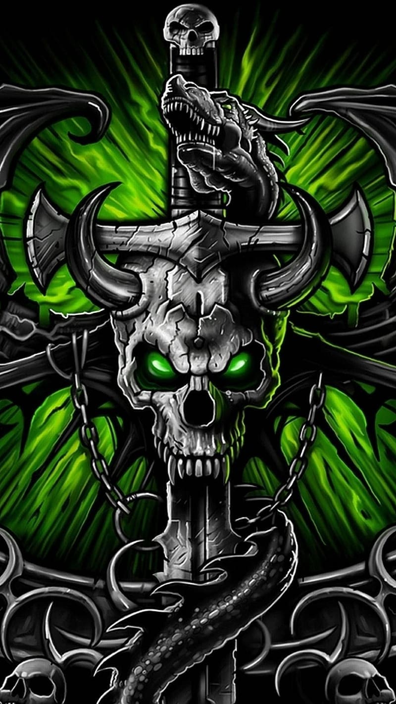 800x1422 Most Danger, Skull Sword, dragon, skull wih green eyes, HD phone wallpaper
