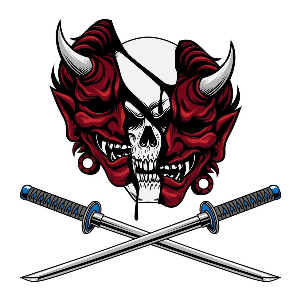 980x980 Skull and Demon Mask Graphic with Samurai Swords