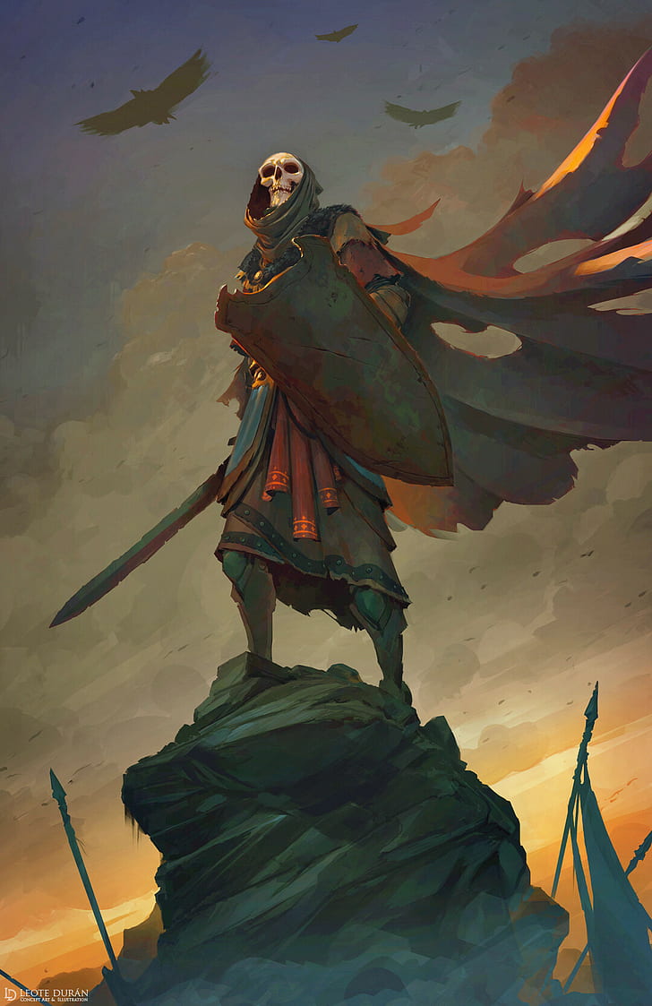 728x1123 HD wallpaper: skull, shield, sword, warrior, medieval, fantasy art