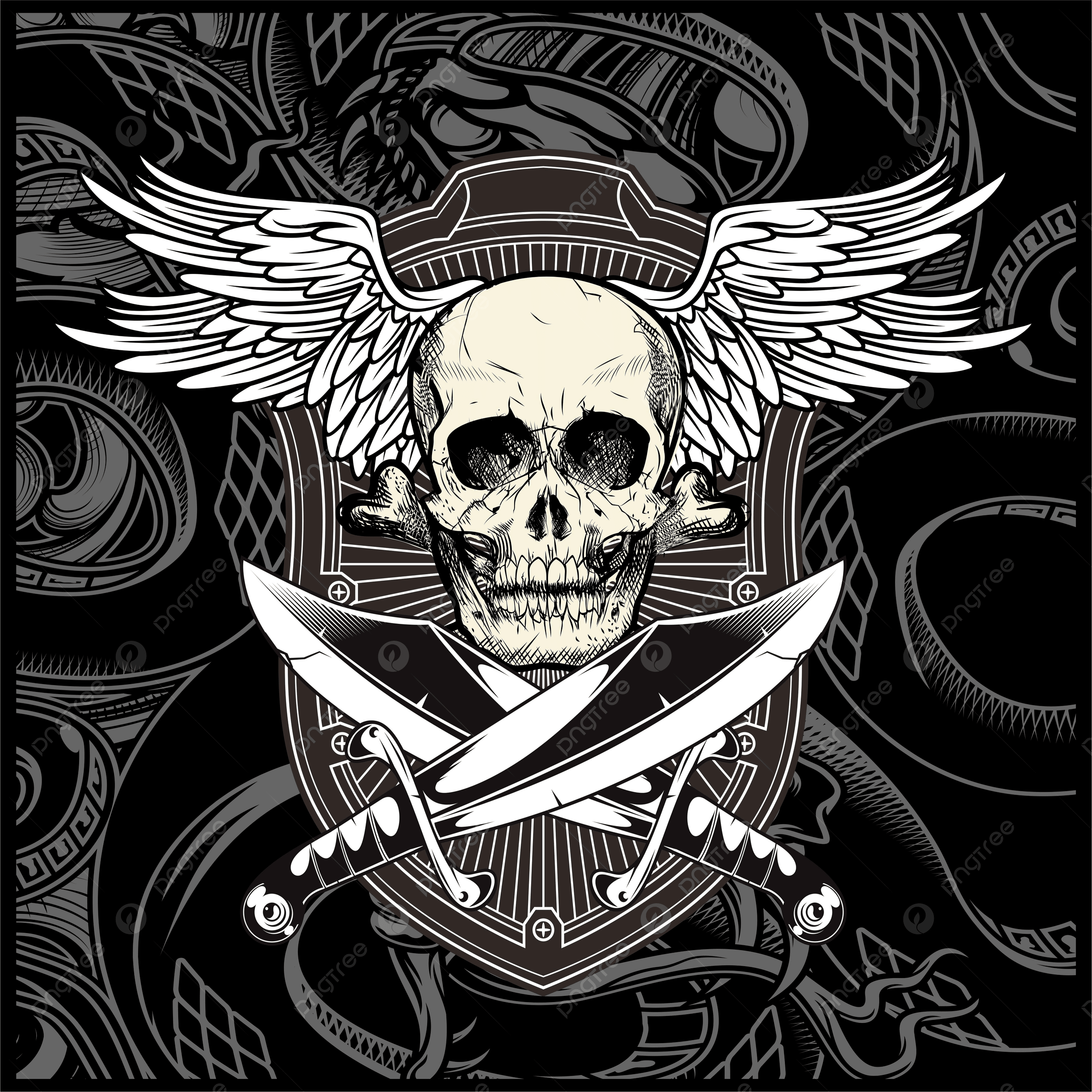 2500x2500 Skull Wing With Sword Vector, Skulls, Roses, Patterns PNG and Vector with Transparent Background for Free Download