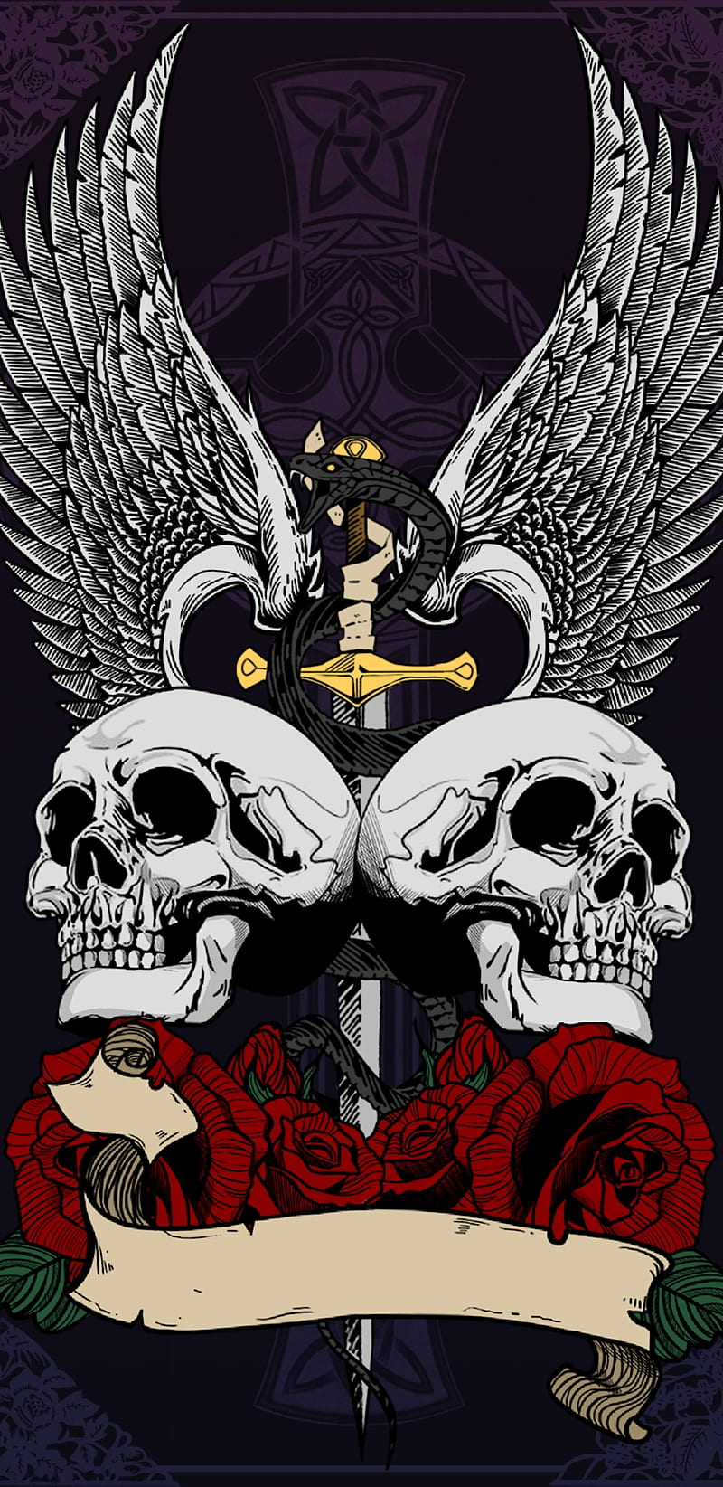 800x1644 HD skull roses swords wallpaper