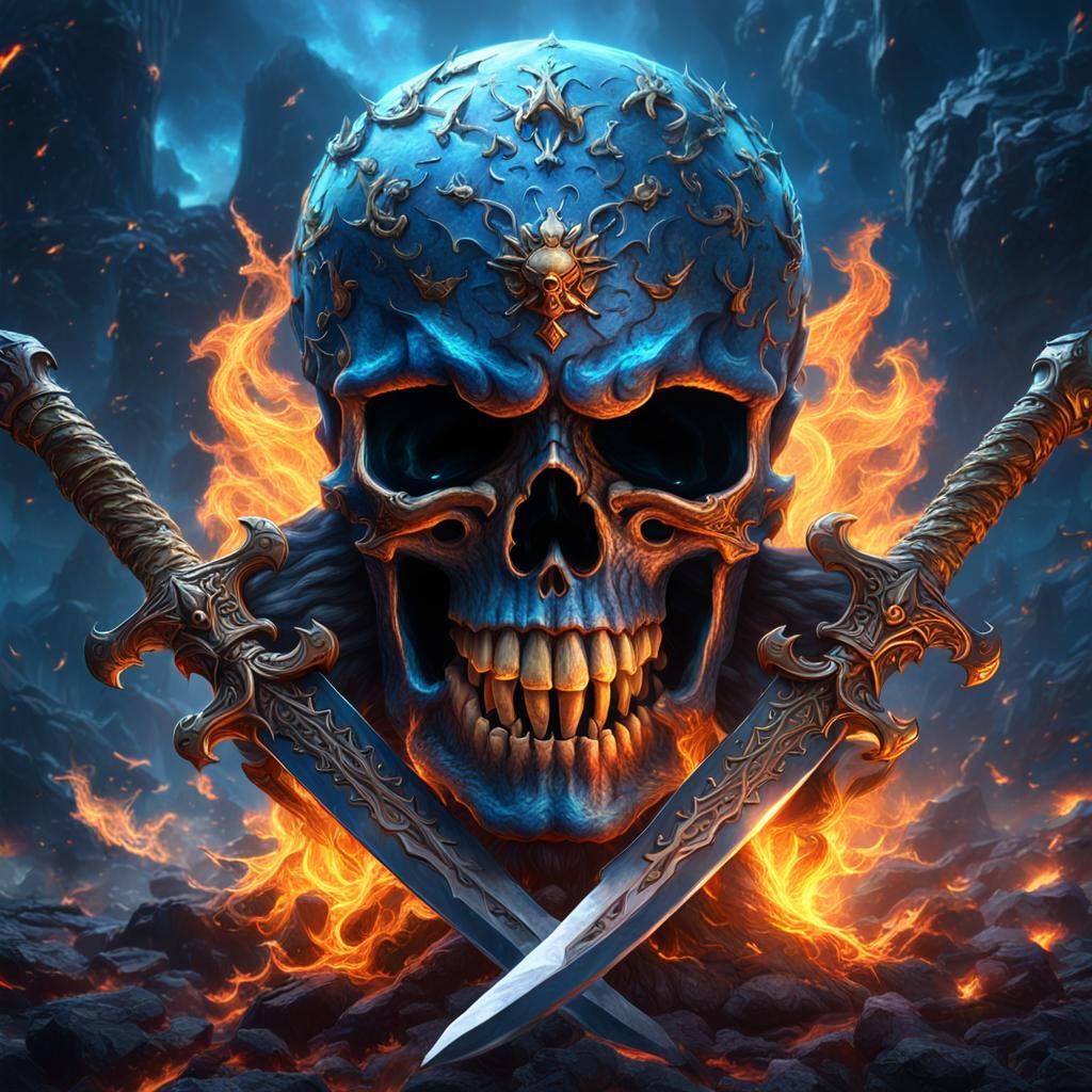 1024x1024 Angry Blue Fire Skull with Swords and Universe