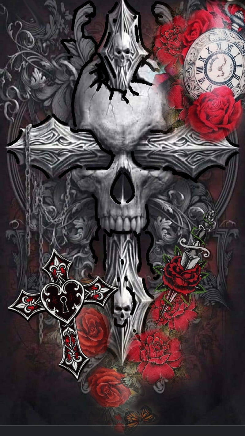800x1422 WANTED, antique, cross, death, hate, love, red, rose, skull, sugar, sword, HD phone wallpaper