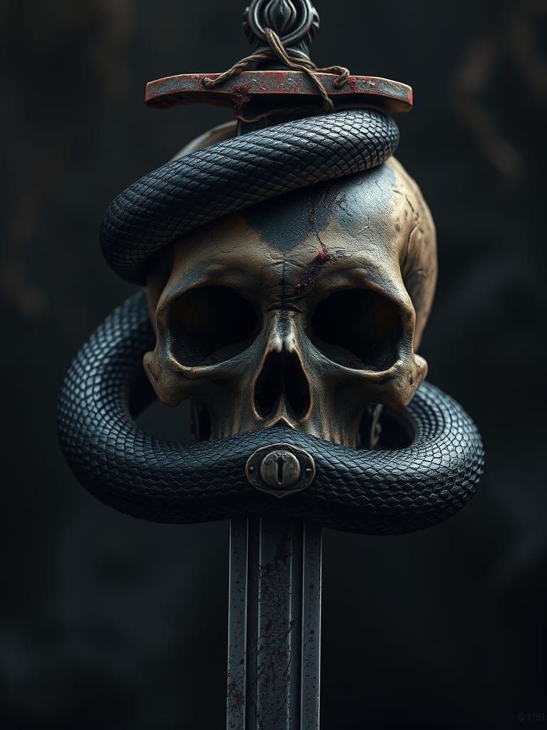 768x1024 Sword Through Skull with Snake, Dark Fantasy Art