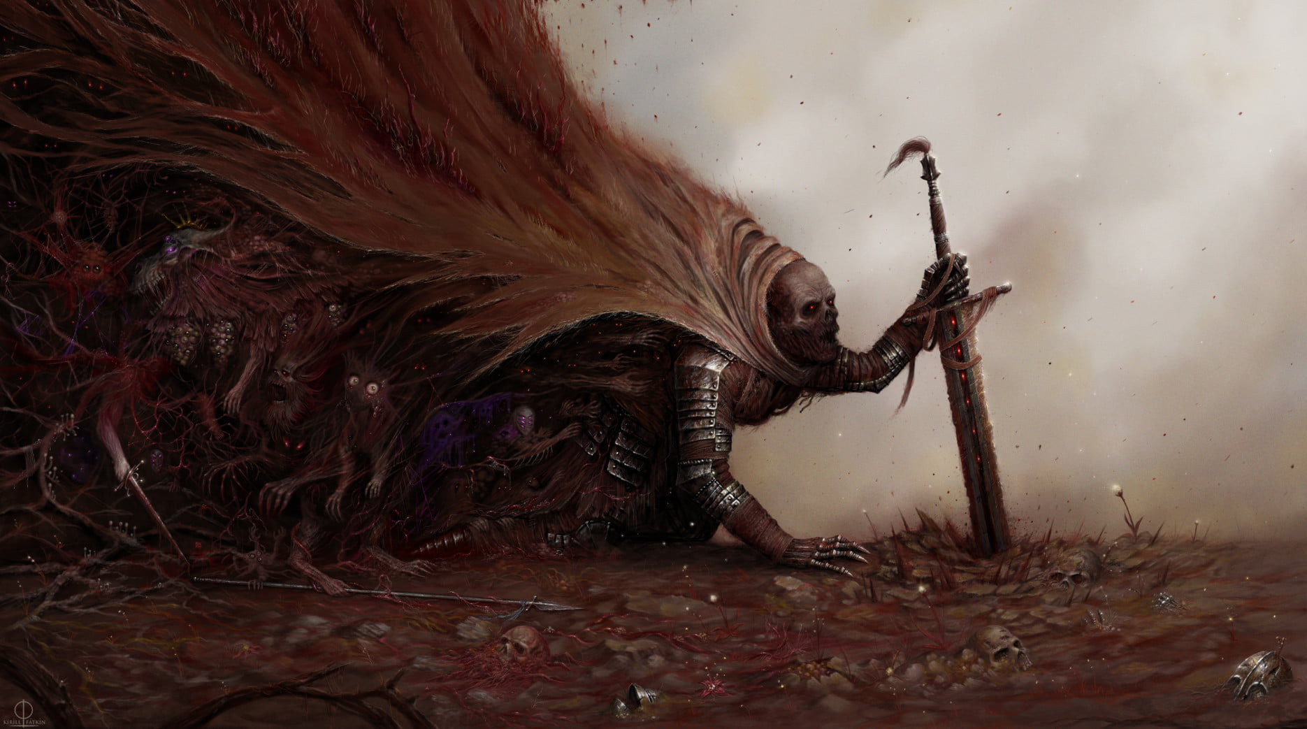 1870x1043 Monster crawling wallpaper, fantasy art, sword, skull, warrior HD wallpaper