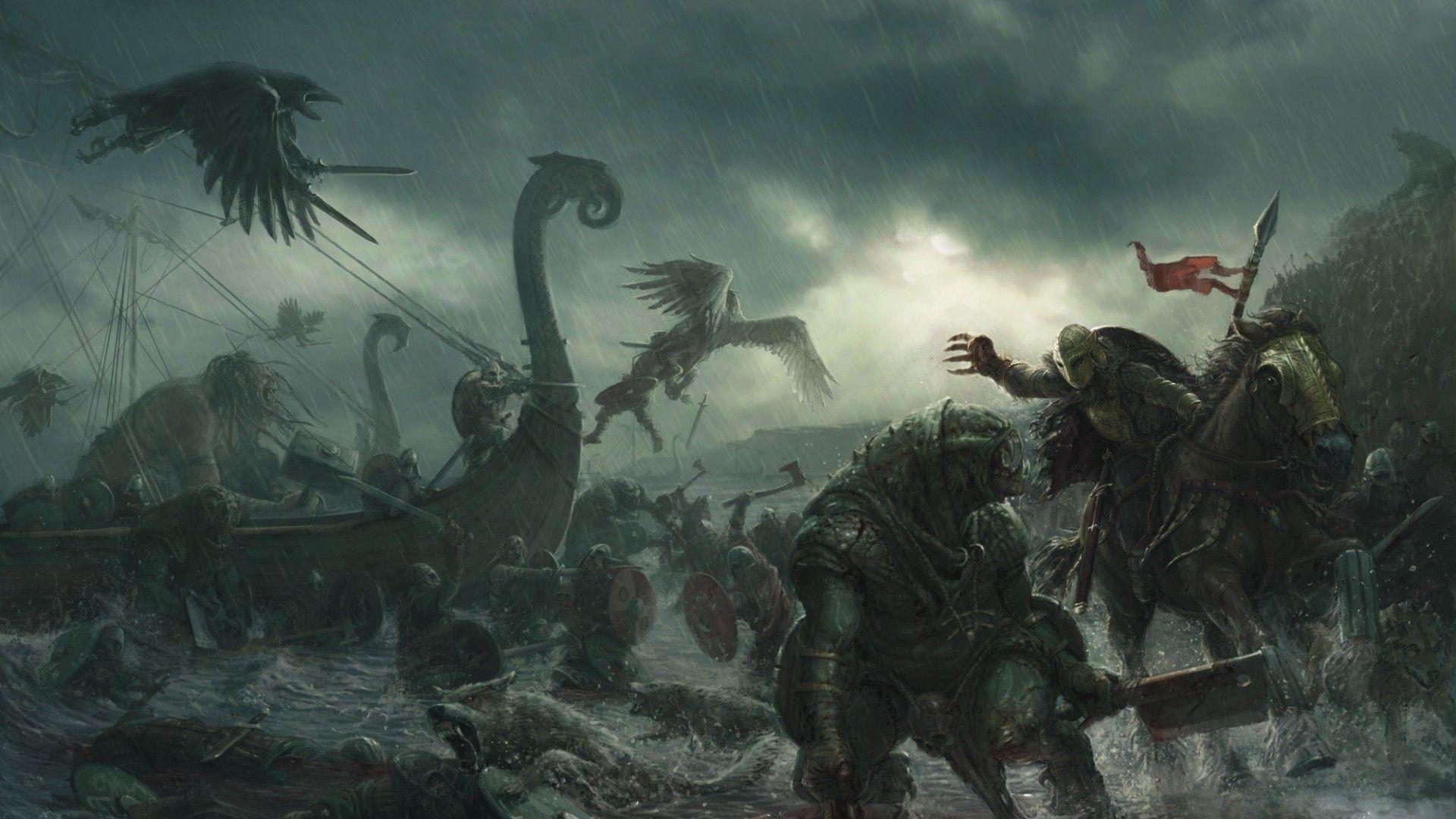 1920x1080 original wallpaper download: Vikings battle with monsters. Warriors wallpaper, Fantasy art, Viking wallpaper