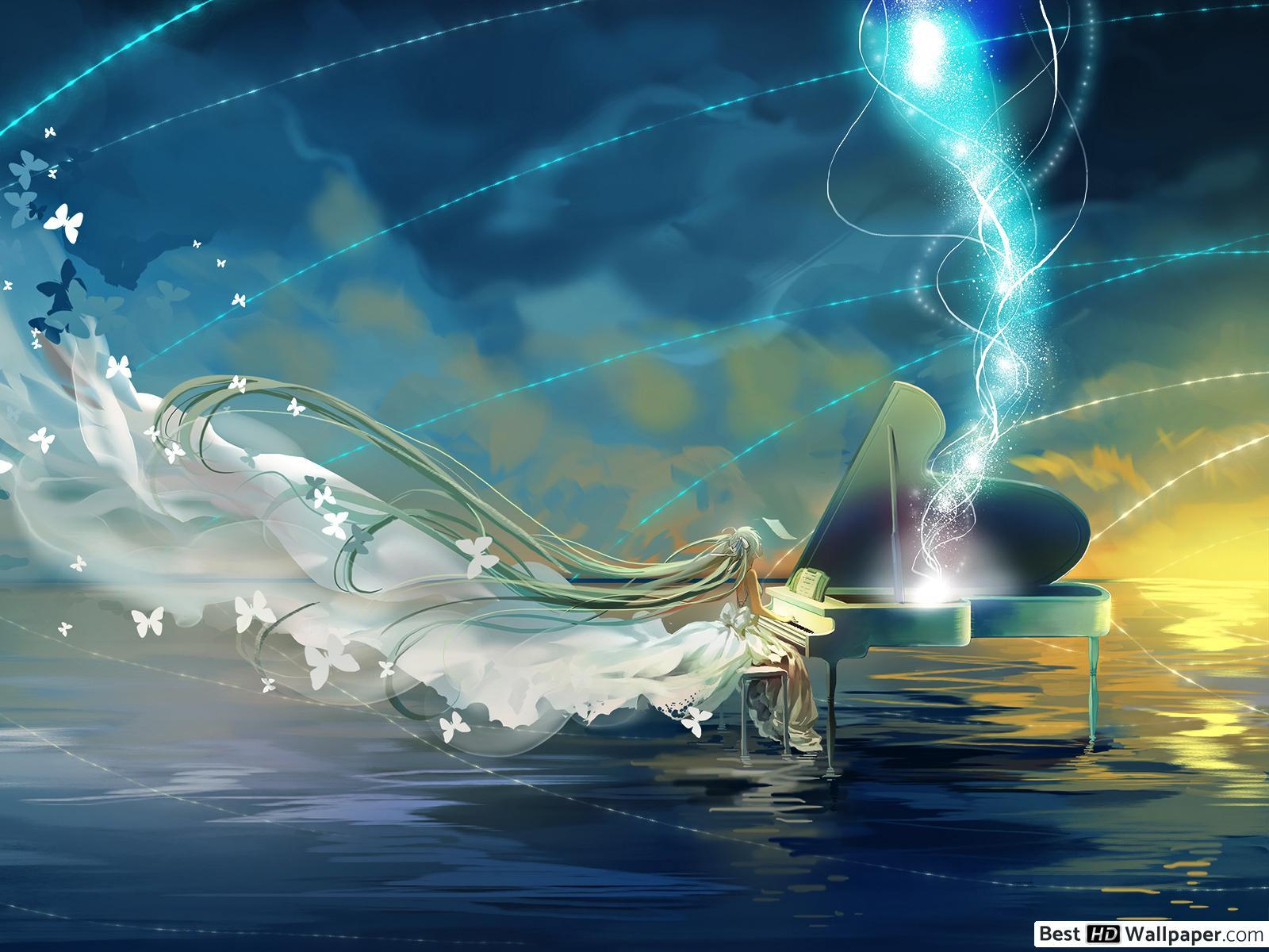 1600x1200 Hatsune Miku playing piano HD wallpaper download