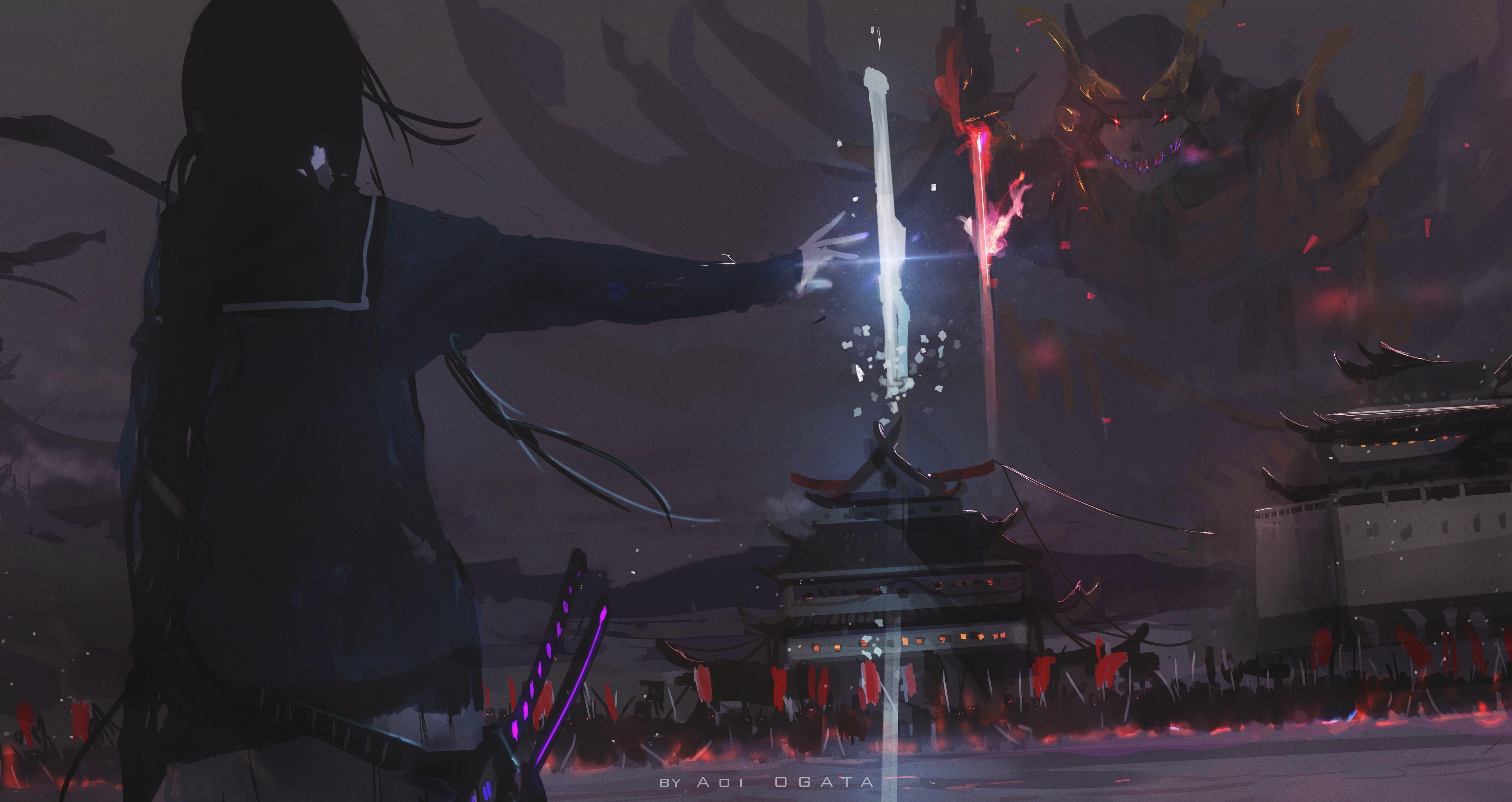 5600x2971 artwork digital art robot samurai katana kikuchiyo samurai 7