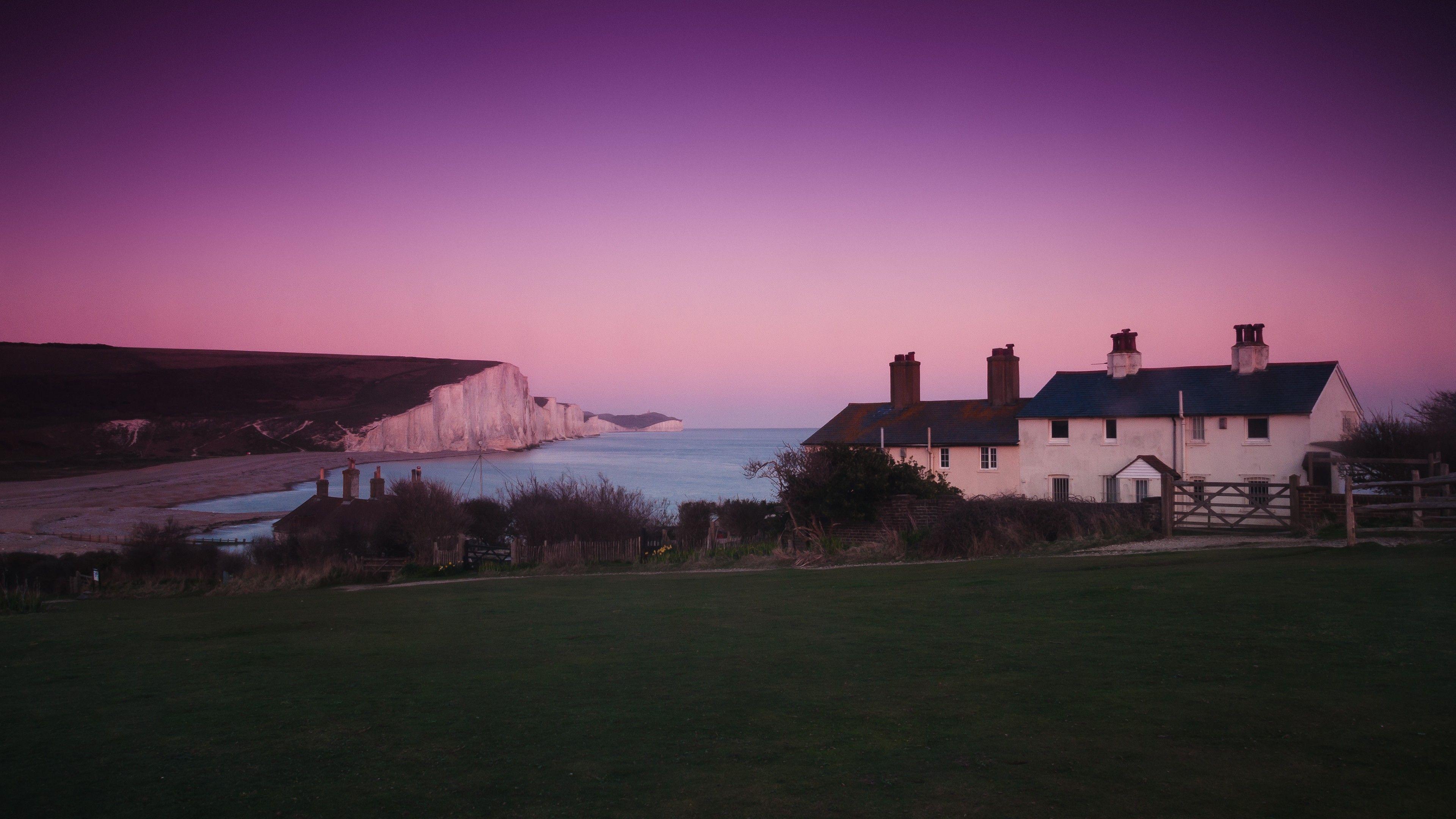 3840x2160 sunset, landscapes, England, United Kingdom, cottage, seven sisters country park wallpaper