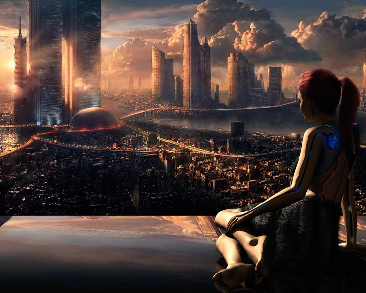 1280x1024 Sci Fi Sunset Reflection Robot Sci Fi Futuristic City