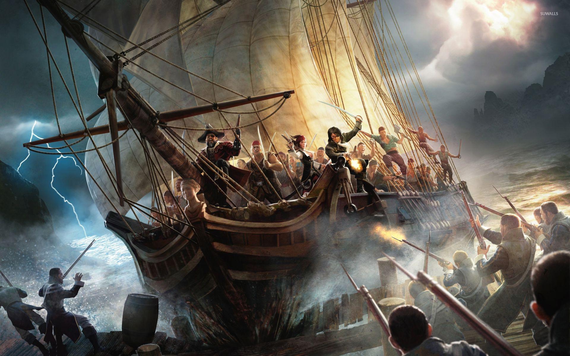 1920x1200 Pirate ship closing to the shore .