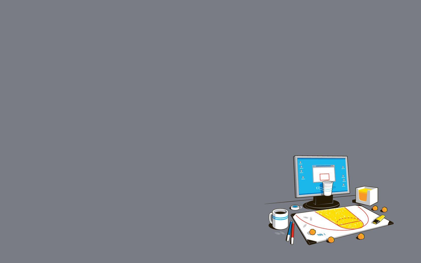 1680x1050 minimalistic, computers, funny, cups, basketball, screens wallpaper