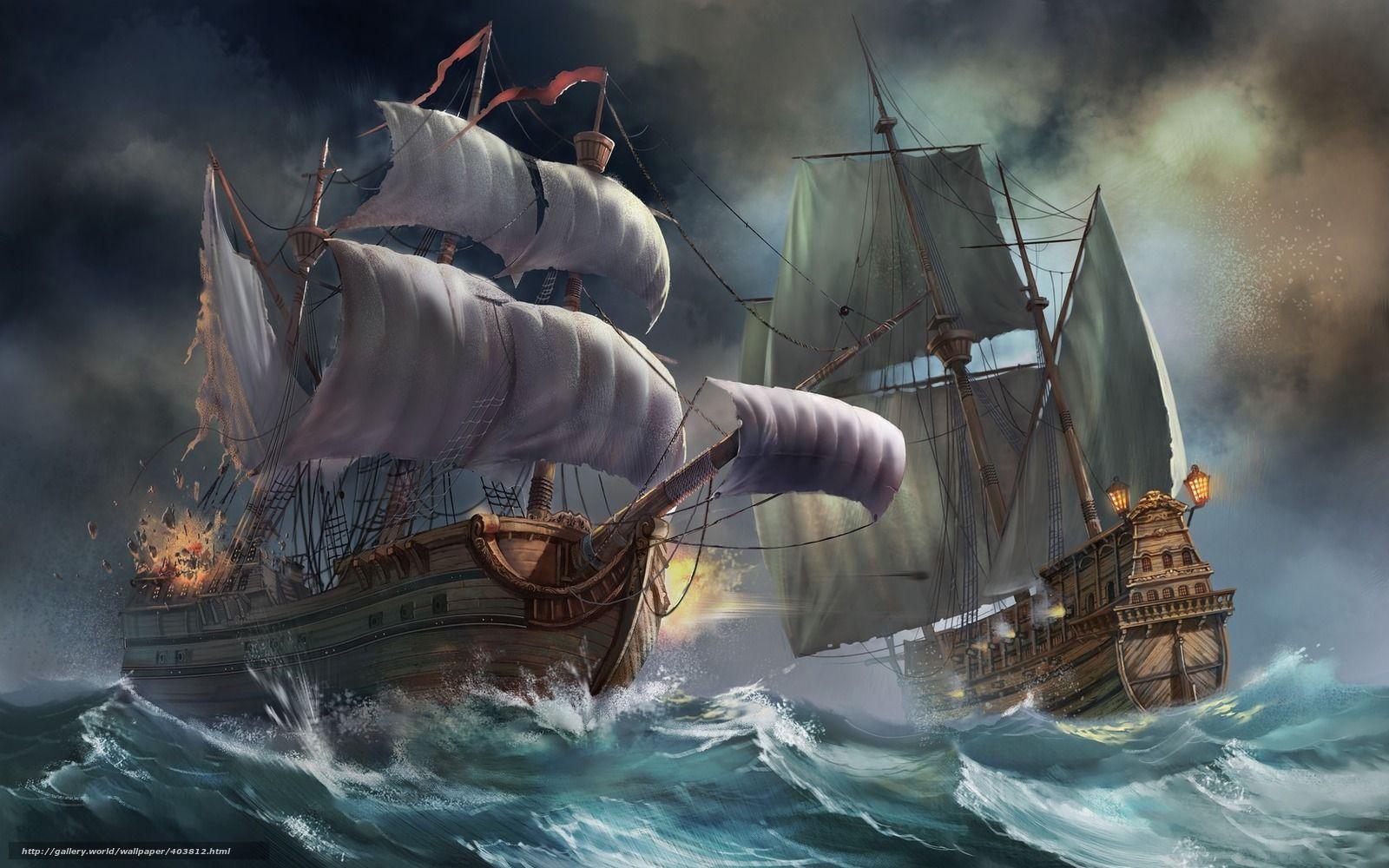 1600x1000 Download wallpaper Art, Ships, sea, battle free desktop wallpaper in the resolution 1680x1050