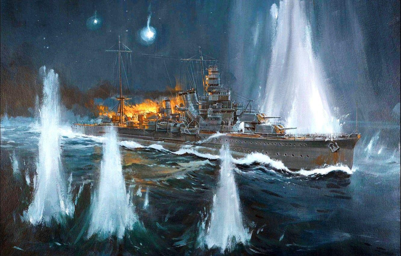 1332x850 Wallpaper fire, smoke, figure, art, shots, Japanese, sea battle, WW Furuta a, new Strait of Georgia (Slot), heavy cruiser, 11.10.1942 year, Cape Esperance image for desktop, section оружие