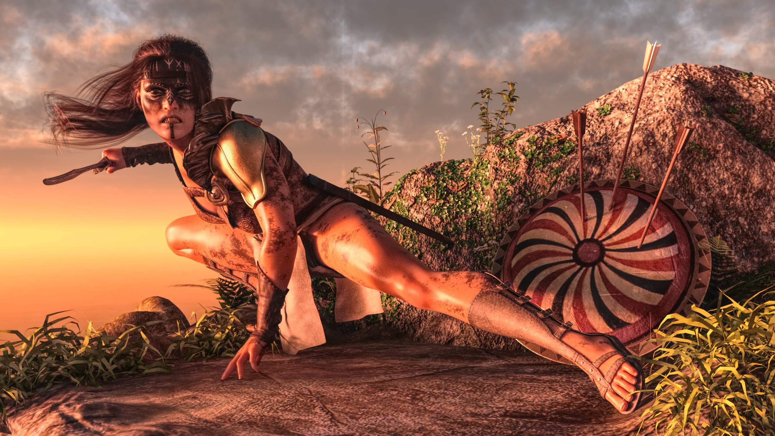 2560x1440 Amazons Hoplite Warrior in Battle 3D Render, Digital Art