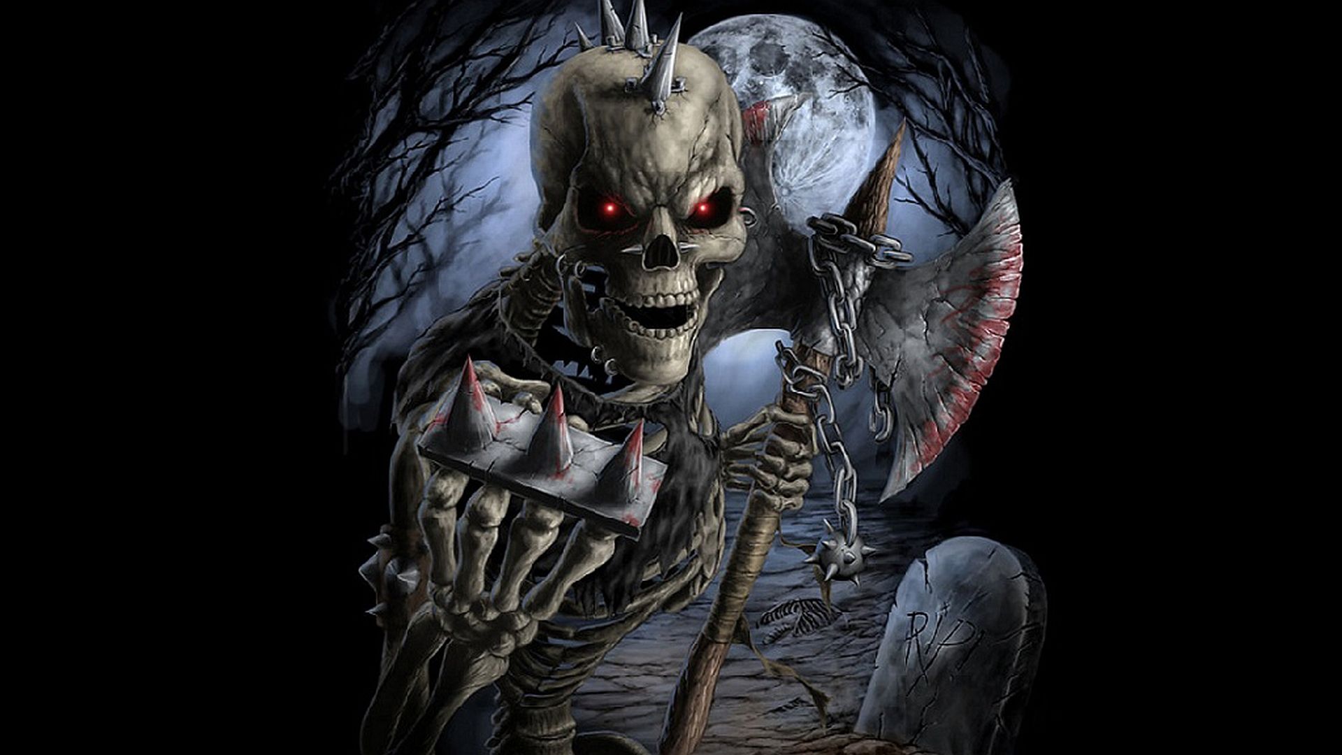 1920x1080 Dark Warrior Skeleton: HD Wallpaper of the Moonlit Axex1080
