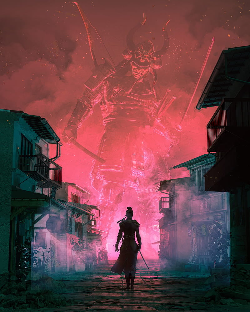 800x1000 Samurai, warrior, women, katana, weapon, japan, giant, smoke, night, Clash, fantasy art, HD phone wallpaper