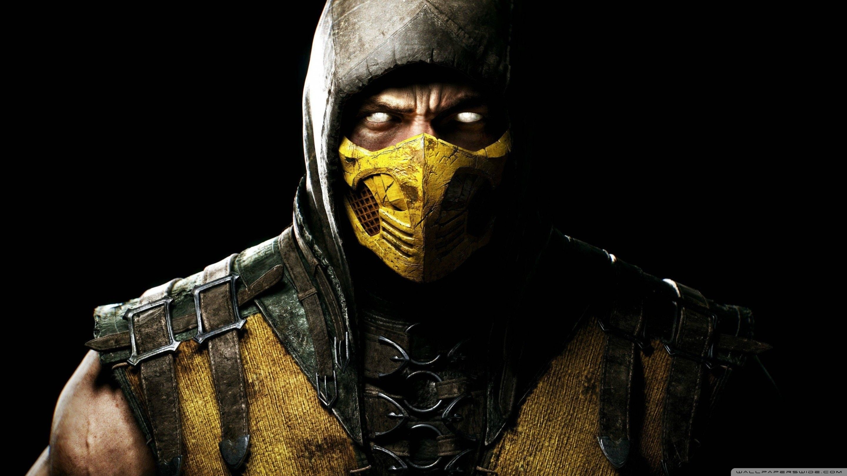2880x1620 warrior, Scorpion (character), Mortal Kombat, Black, Video games, Mask, Black background, Digital art, Render, CGI, 3D, Mortal Kombat X Wallpaper HD / Desktop and Mobile Background