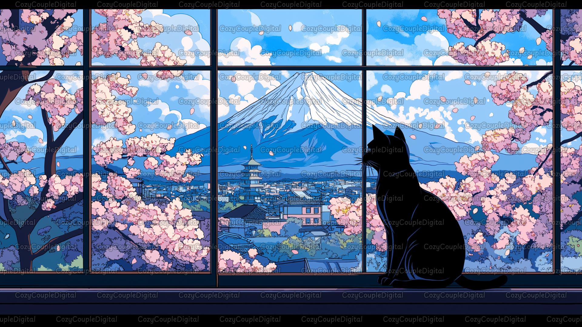 1920x1080 Stylized Cat Overlooking Japan Digital Wallpaper (4K, 1440p, 1080p) Cat, Japan, Sakura, Cherry Blossom, Background, Beautiful