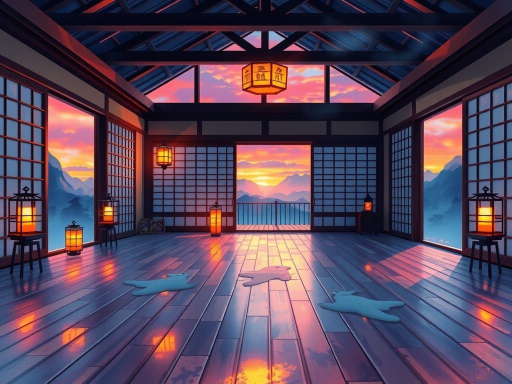 1024x768 cozy anime dojo room at night Japanese Dojo at T